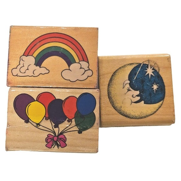 Stamps Balloons Rainbow Clouds Moon Stars Wood Mounted Rubber Vintage 3pc Lot - Picture 1 of 7